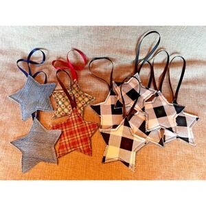 Set of‎ 10 Fabric Christmas Tree 4" Stars Ornaments Denim Black & White Flannel